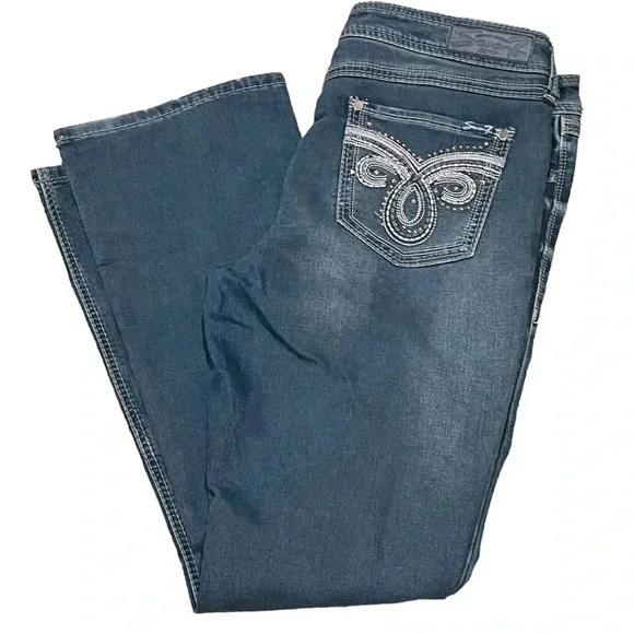 Seven7 Slim Bootcut Dark Wash Midrise Embroidered Beaded Pockets Jeans Womens 12 - Picture 1 of 12